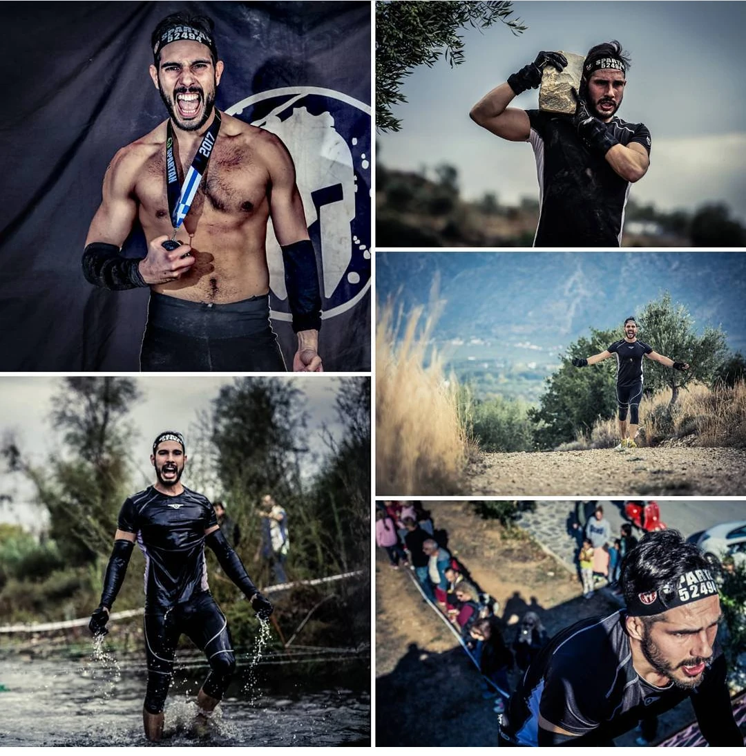 Collage di cinque momenti di Andrea nelle corse a ostacoli, tra percorso e traguardo