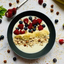 Ciotola con yogurt, fiocchi di avena, banana, frutti di bosco e nocciole